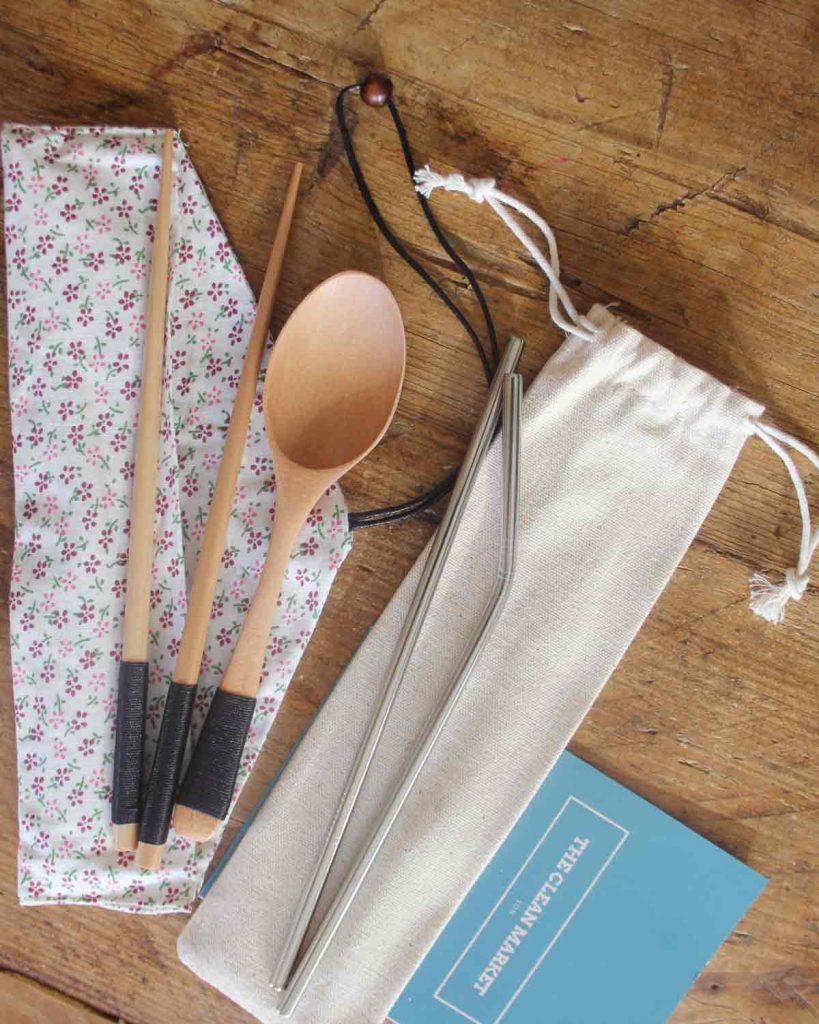 Stainless Steel Straw Set, Wooden Fork & Spoon Set